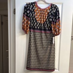 Max Studio Mixed-Print Puff-Sleeve Dress in Black and Mustard with Pink Trim